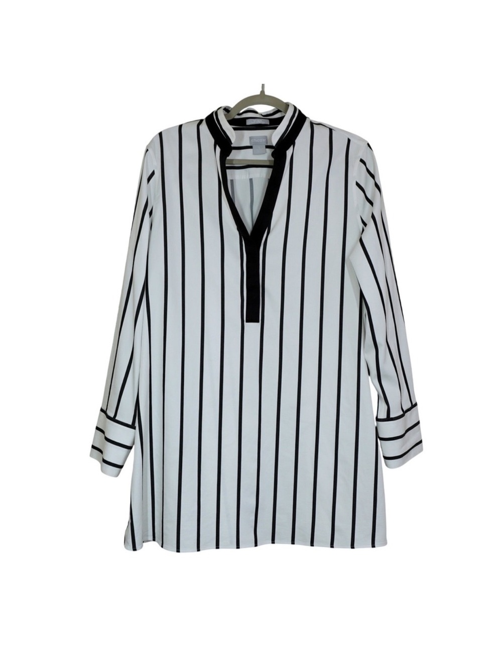 NWOT Chico's No-Iron Black & White Vertical Stripe Tunic with Contrast Trim